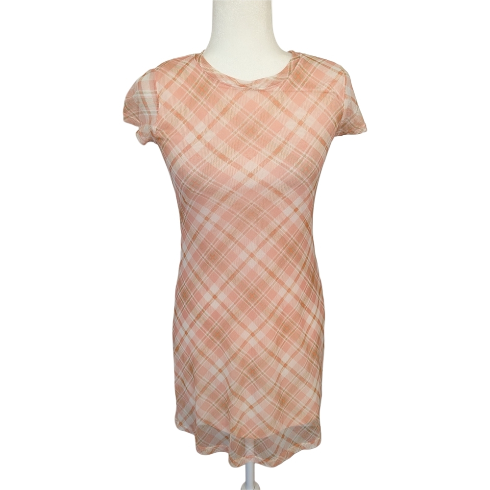 Altar'd State Peach White Green Plaid Mesh Mini Dress Size XS